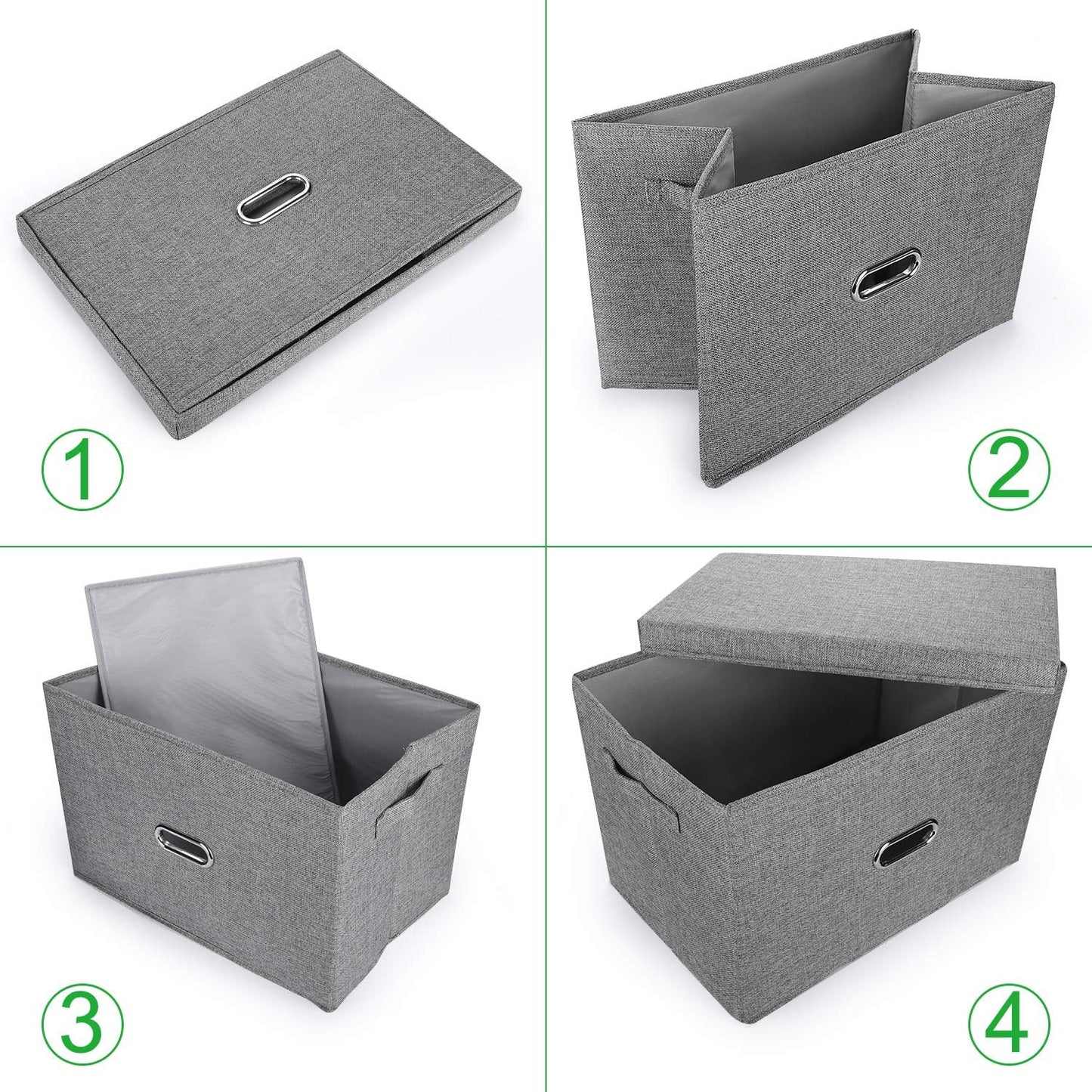Linen Fabric Collapsible Storage Bins with Removable Lids and Handles, Washable Storage Box Containers Baskets Cube with Cover for Bedroom,Closet,Office,Living Room,Nursery (Green, Medium)