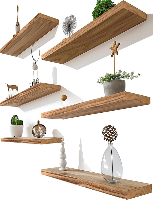 Light Wood Floating Shelves for Wall Rustic Wall Shelves for Bedroom Set of 6 - NestledHome