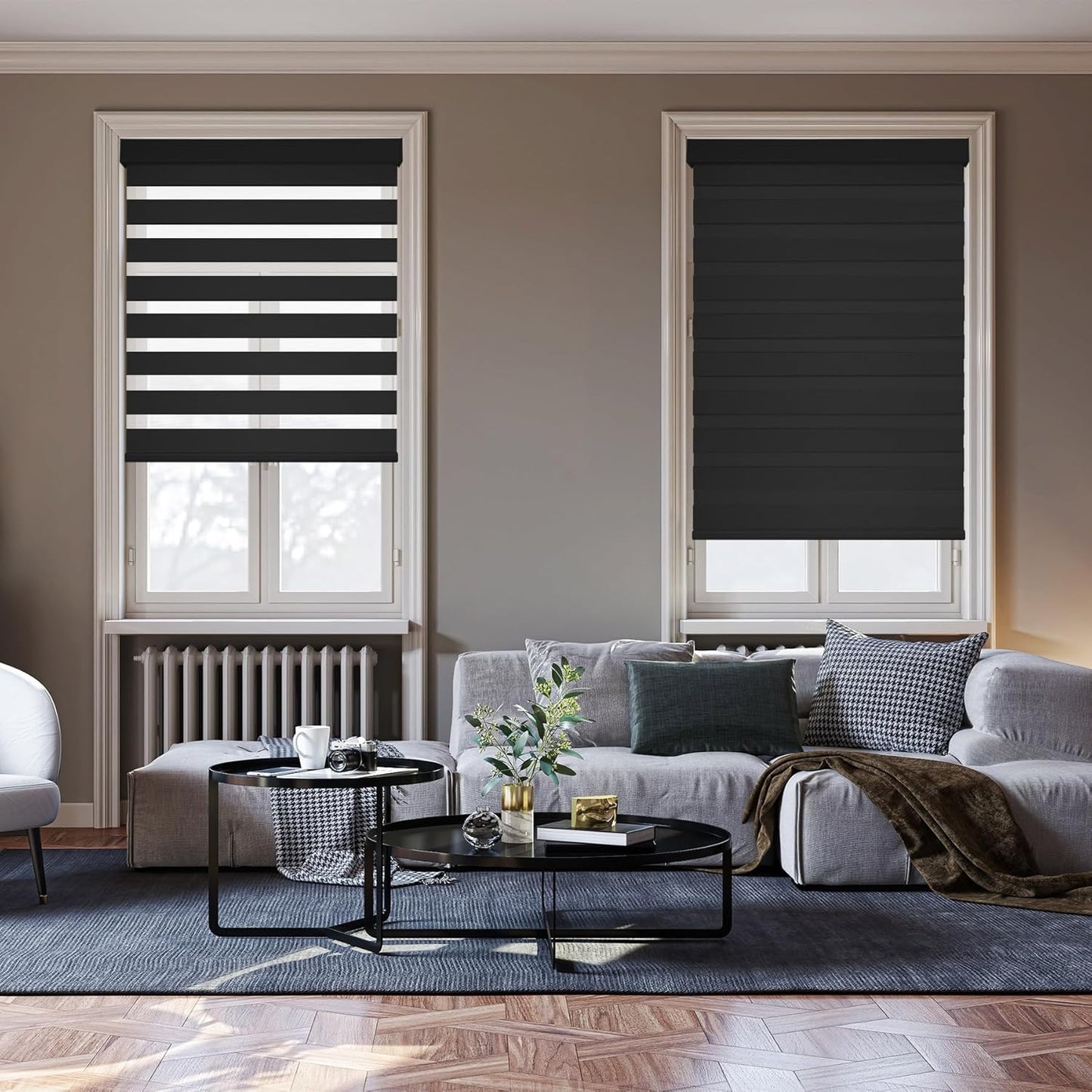 HESTIA Cordless Zebra Blinds Light Filtering Roller Shades UV Blocking Blackout Privacy Indoor Window Shades for Home Office Day and Night, Black,35" W x 54" H