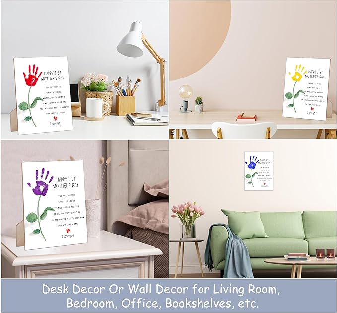 rorusio Happy First Mothers Day DIY Handprint Art Wooden Sign with Stand and Hook, 9x12 Inch, Flower Poem Mother Day Crafts Keepsake, Personalized Gifts for Mom MaMa from Husband Daughter & Son