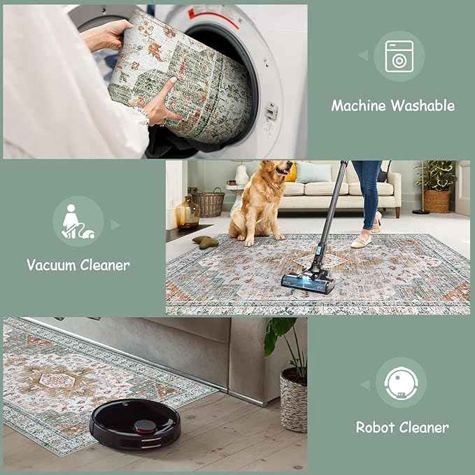 Moynesa Ultra-Thin Washable Runner - 2'6" x 8' Hallway Rug, Kitchen & Bathroom Carpet, Vintage Printed Low Pile Entryway Runner for Apartment, Camper, RV, Beige/Gold