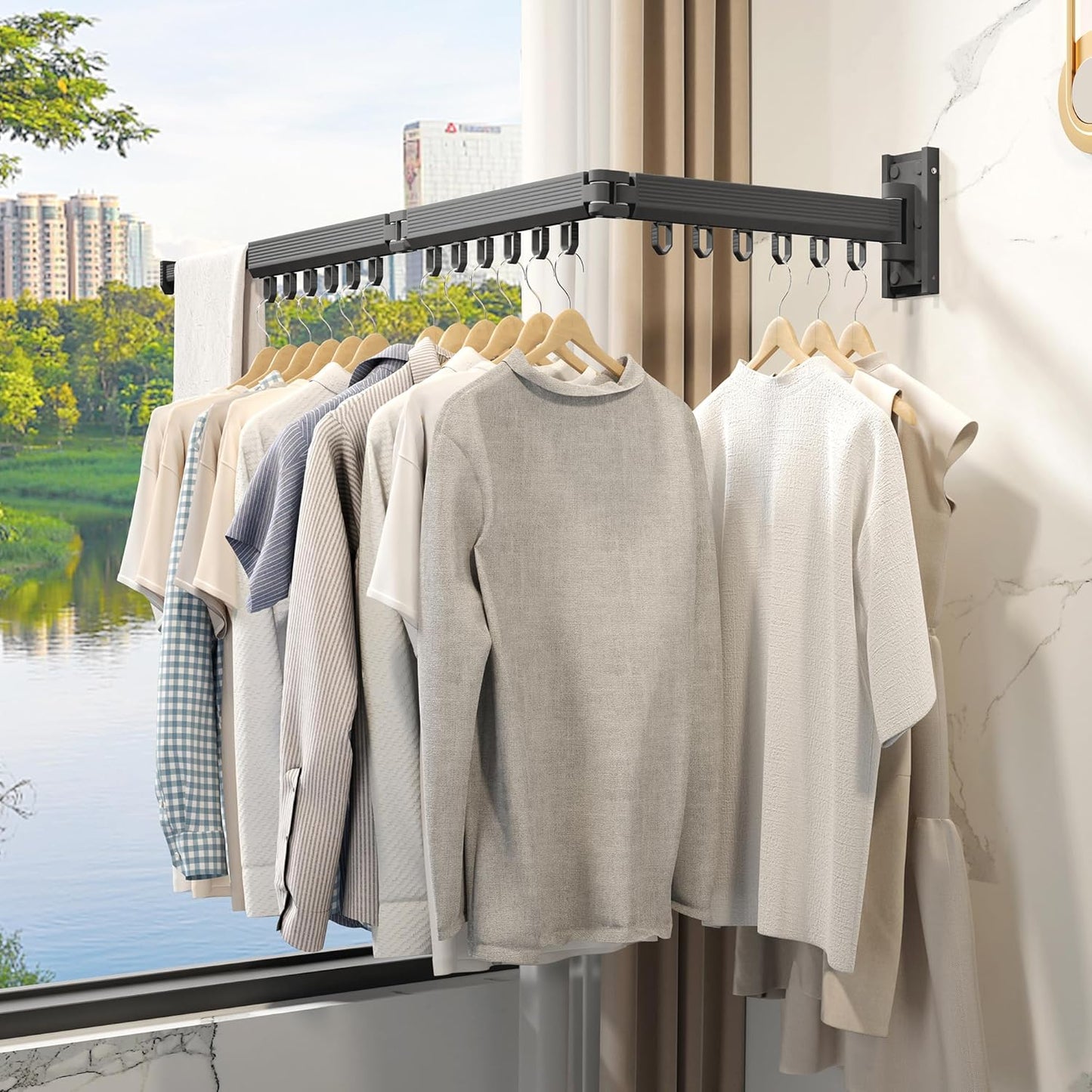 Grey Color Laundry Rack - Wall Mounted, Collapsible Clothes Drying Rack With Loop-type Hooks - NestledHome