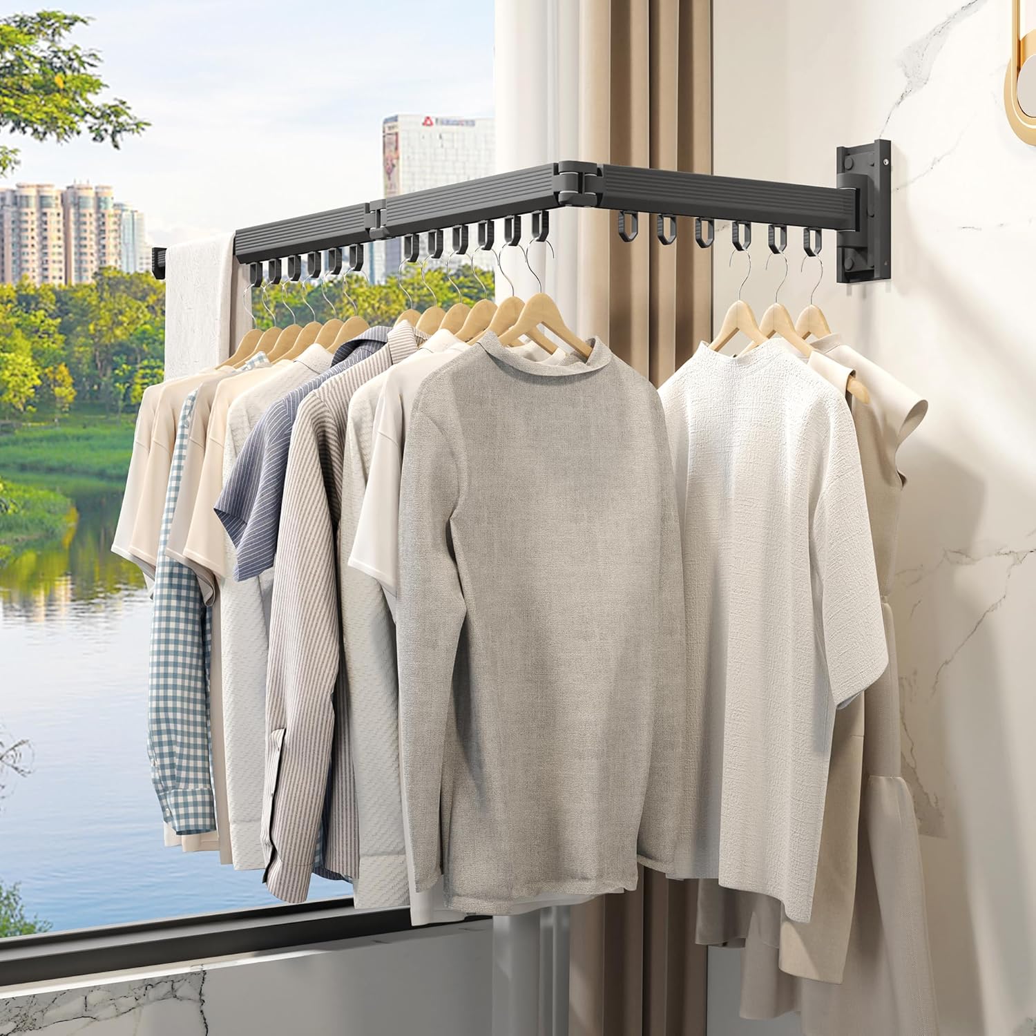 Grey Color Laundry Rack - Wall Mounted, Collapsible Clothes Drying Rack With Loop-type Hooks - NestledHome