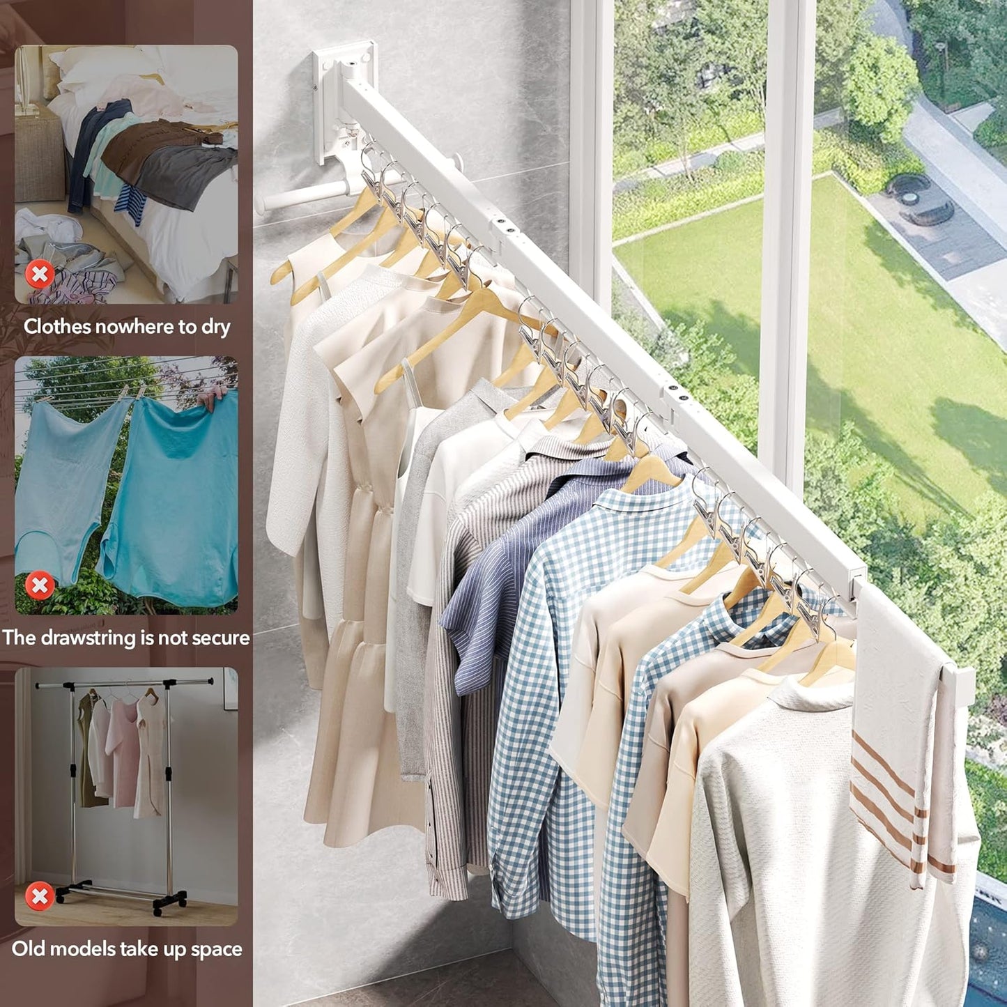Wall Mounted Clothes Hanger,Clothes Drying Rack,Laundry Rack Wall Mount,Drying Rack Clothing,Clothes Rack Retractable,Collapsible(Tri-Fold), with Windproof Holes & Clips,White Color - NestledHome