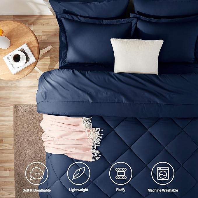 CozyLux Oversized Queen Comforter Set Navy Blue, 7 Pieces Bed in a Bag Comforter Set with Sheets Luxury Bed Set All Seasons, Bedding Set with Down Alternative Comforter, Sheets, Pillowcases & Shams