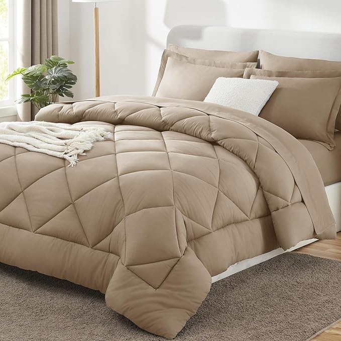 CozyLux King Size Comforter Set Taupe - 7 Pieces Bed in a Bag King, Luxury Soft Bed Set for All Seasons, Bedding Set with Down Alternative Comforter, Sheets, Pillowcases & Shams