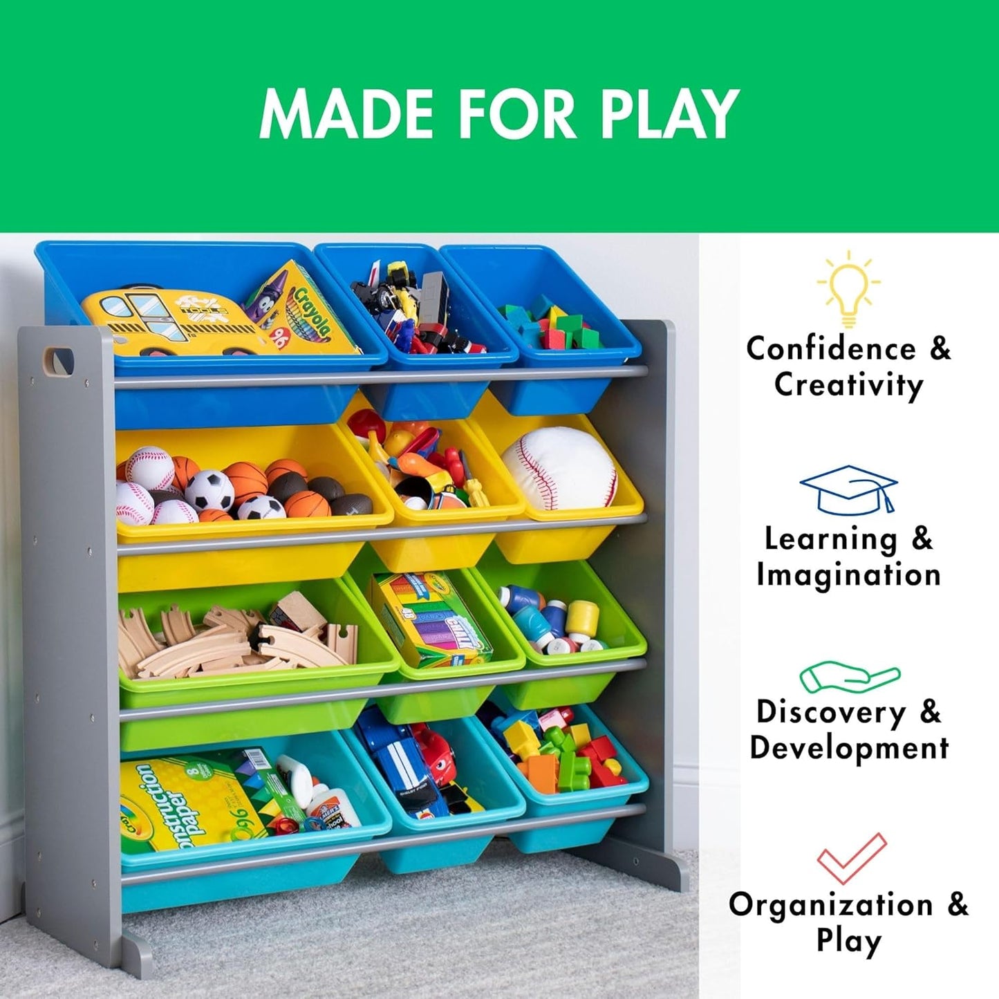 Humble Crew Kids Toy Storage Organizer with 12 Plastic Bins, Grey/Blue/Green/Yellow – Removable Bins for Playroom, Bedroom, Toddler Furniture for Boys and Girls Ages - NestledHome