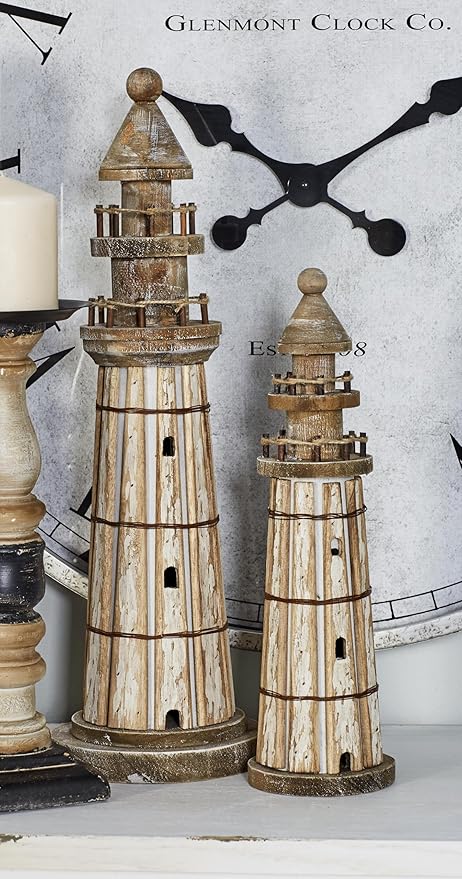 Deco 79 Wood Light House Decorative Sculpture Home Decor Statues, Set of 2 Accent Figurines 20", 14"H, Brown