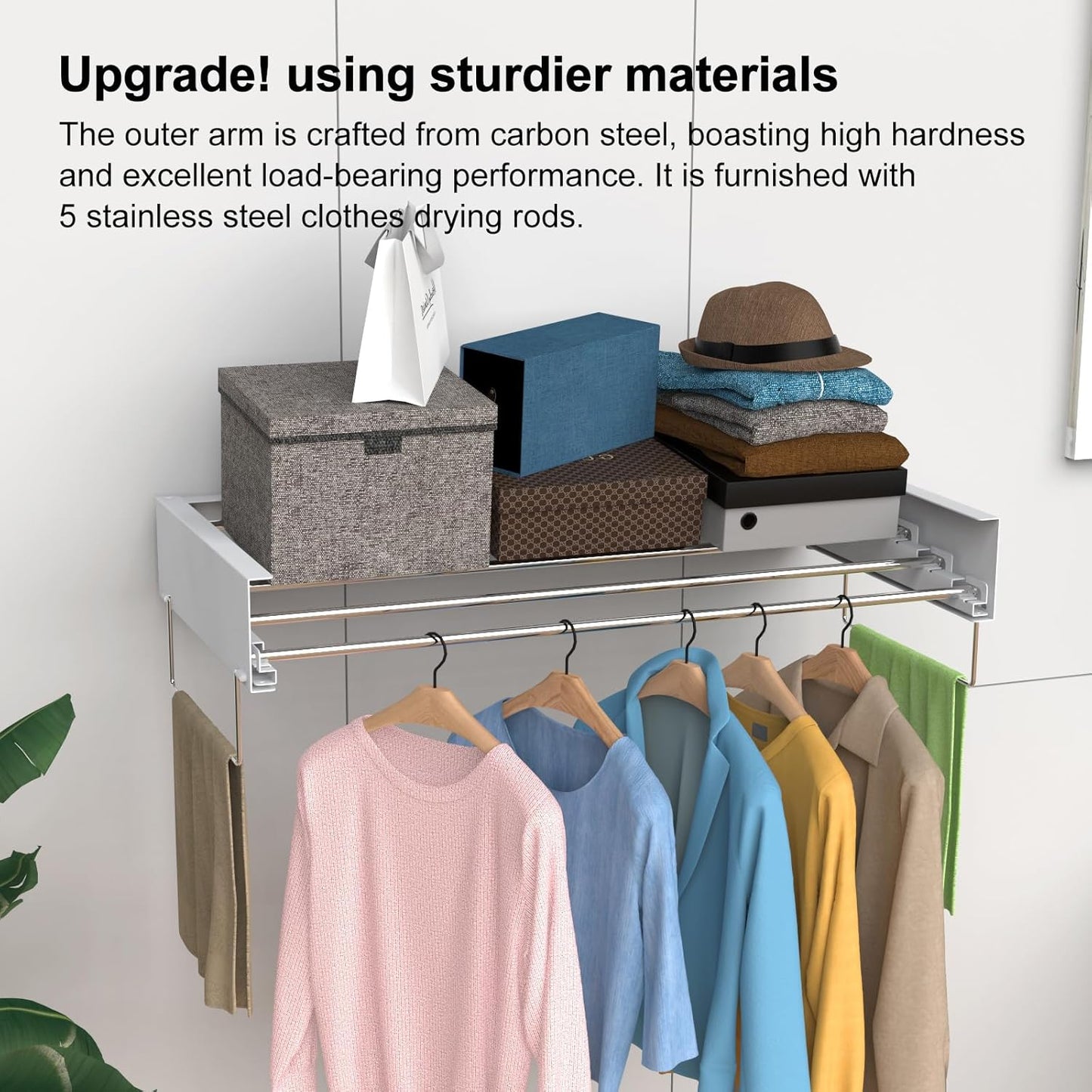 Wall Mounted Drying Rack, Foldable Laundry Rack, Collapsible Drying Rack, 5 Stainless Rods, Wall Mounted Clothing Rod with 2 Towel Bar, 90 lb Capacity, 31.5" White - NestledHome