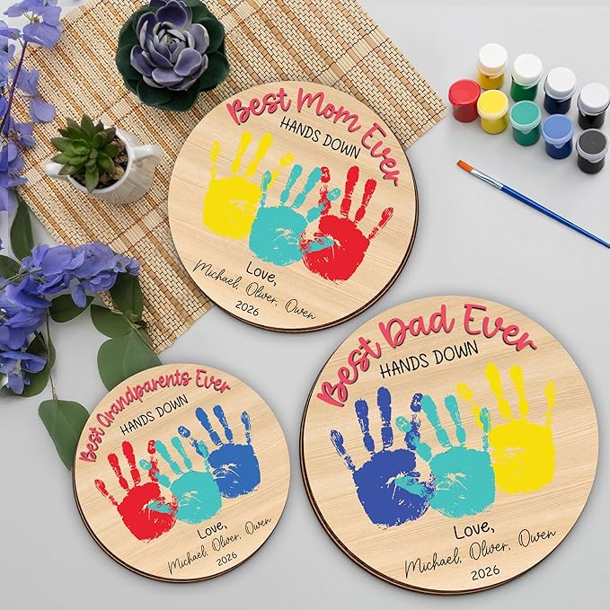 Personalized Hands Down Best Grandma Ever Handprint Kit with Non-Toxic Paint, Family Craft Wooden Sign, Fathers Day Handprint Plaque Keepsake, Valentines Day Birthday Gift for Mom, Dad, Grandma, Nana