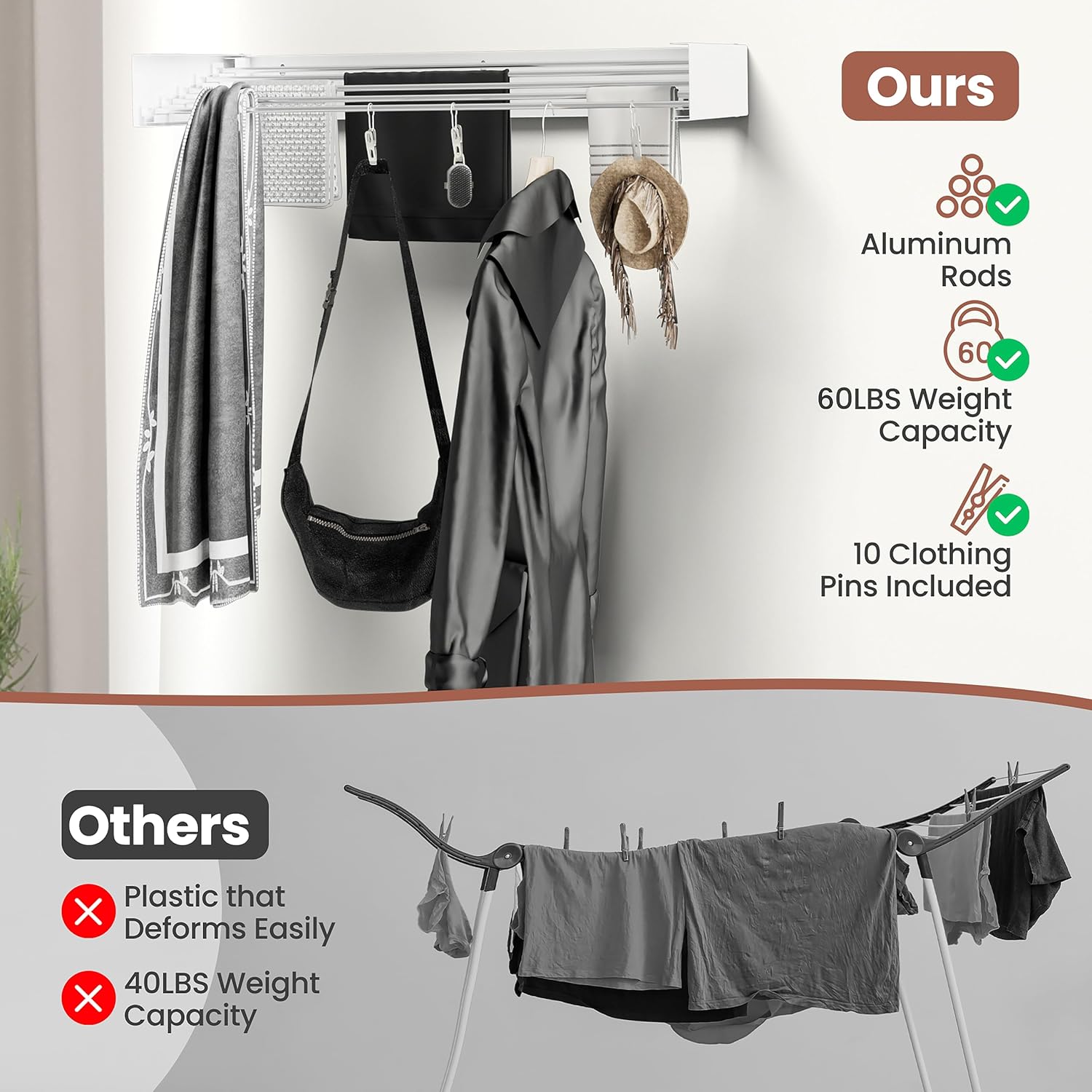 Foldable Wall-Mounted Drying Rack, Heavy-Duty 60 lb Capacity – Space-Saving Folding Laundry Hanger with 10 Clips, Rust-Proof Aluminium Clothes Dryer for Indoor & Outdoor Use - NestledHome