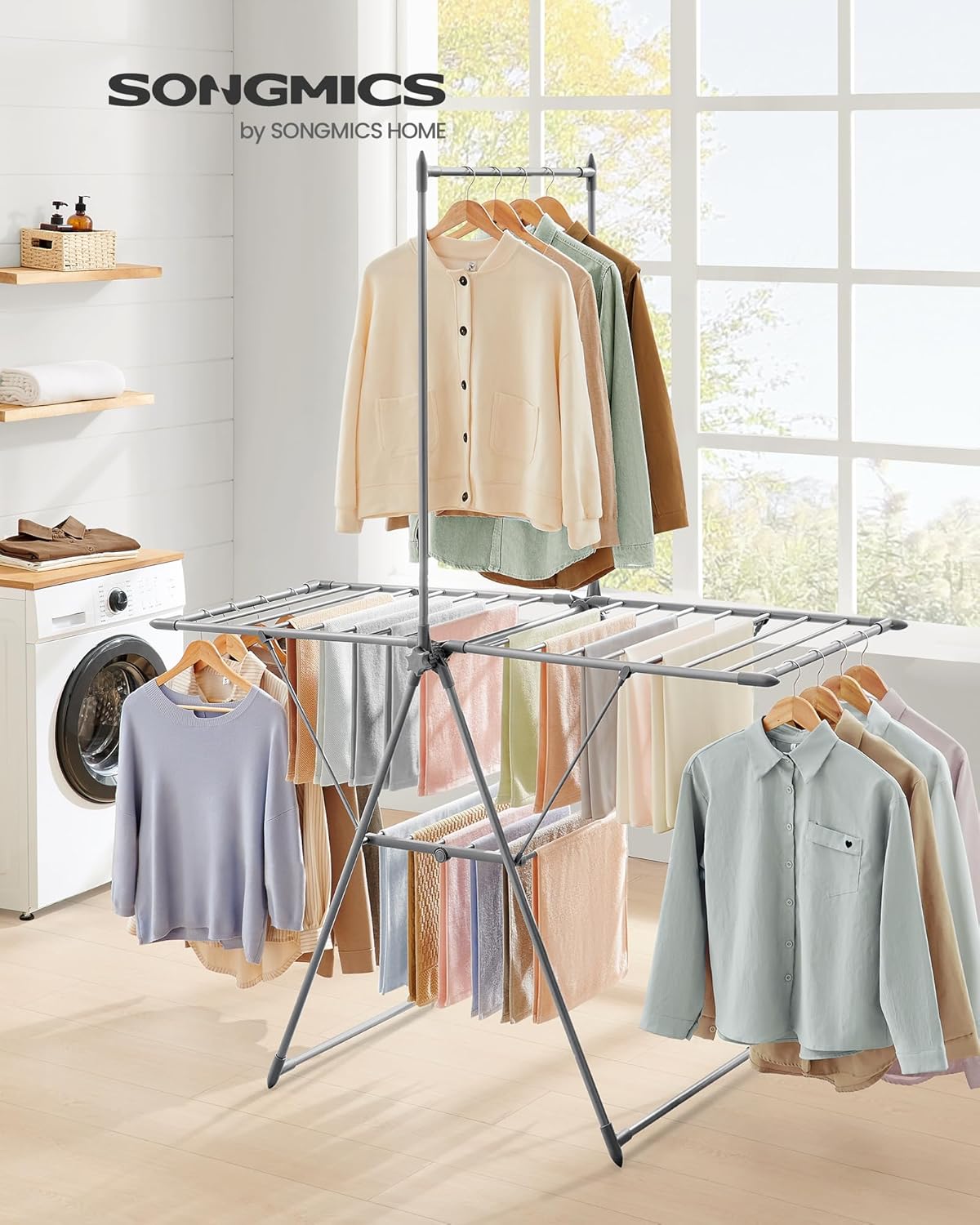 SONGMICS Clothes Drying Rack, Foldable 2-Level Laundry Drying Rack, Free-Standing Airer, 1 Additional Tall Hanging Bar, 2 Height-Adjustable Wings, 24 Drying Rails, Space Savng, Gray ULLR521G01 - NestledHome