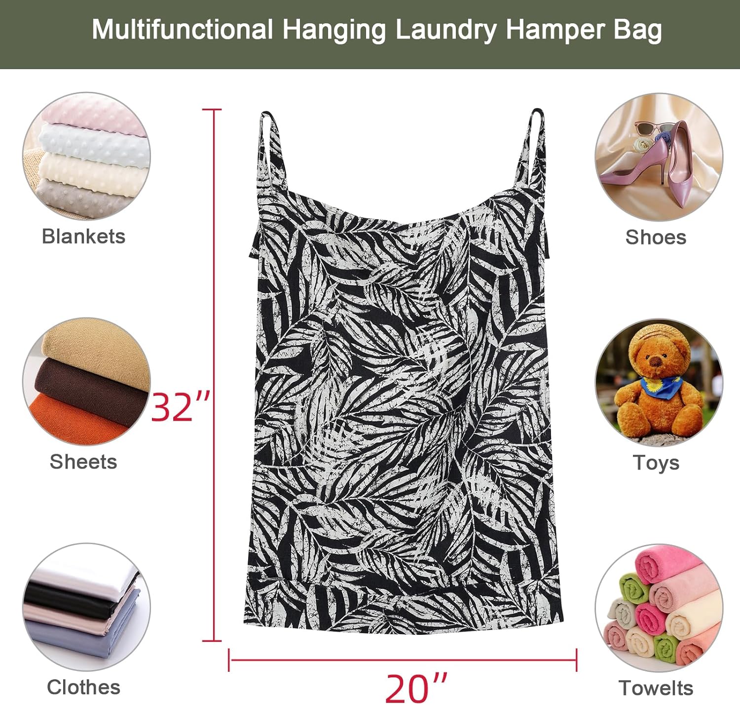 Linen Hanging Laundry Bag, 100% Linen Leaf Print Over The Door Laundry Hamper with Buttons and Zipper, Space Saving Door Hampers for Laundry Dirty Clothes Home Travel, Black, 19.7x27.5inches - NestledHome