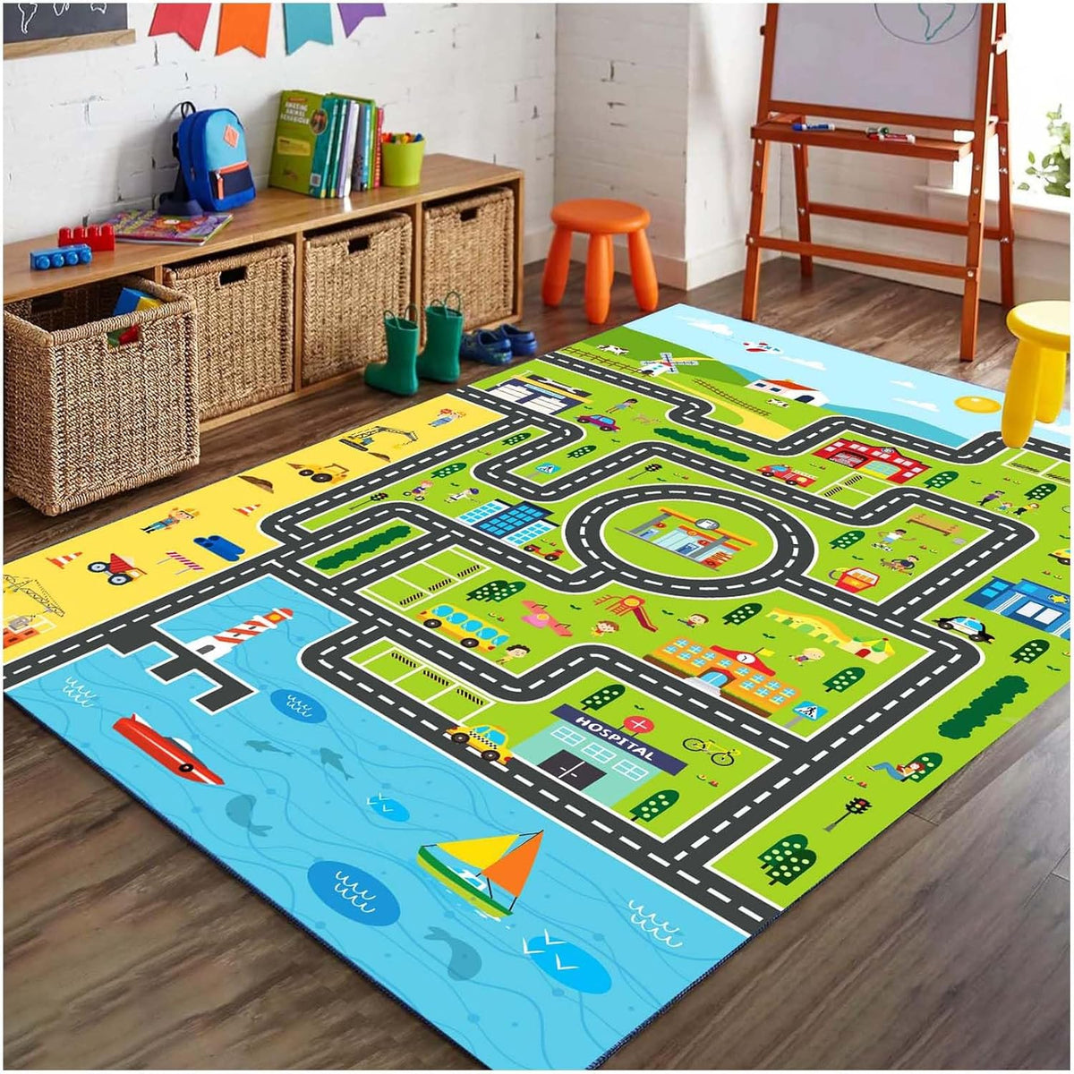 Kids Rug Playroom Car Rug Play Mat City Life Road Rugs Fun City Map for Kids Toy Cars Carpet for Bedroom Boys (Green-Rug, 5.2x7.9ft) - NestledHome