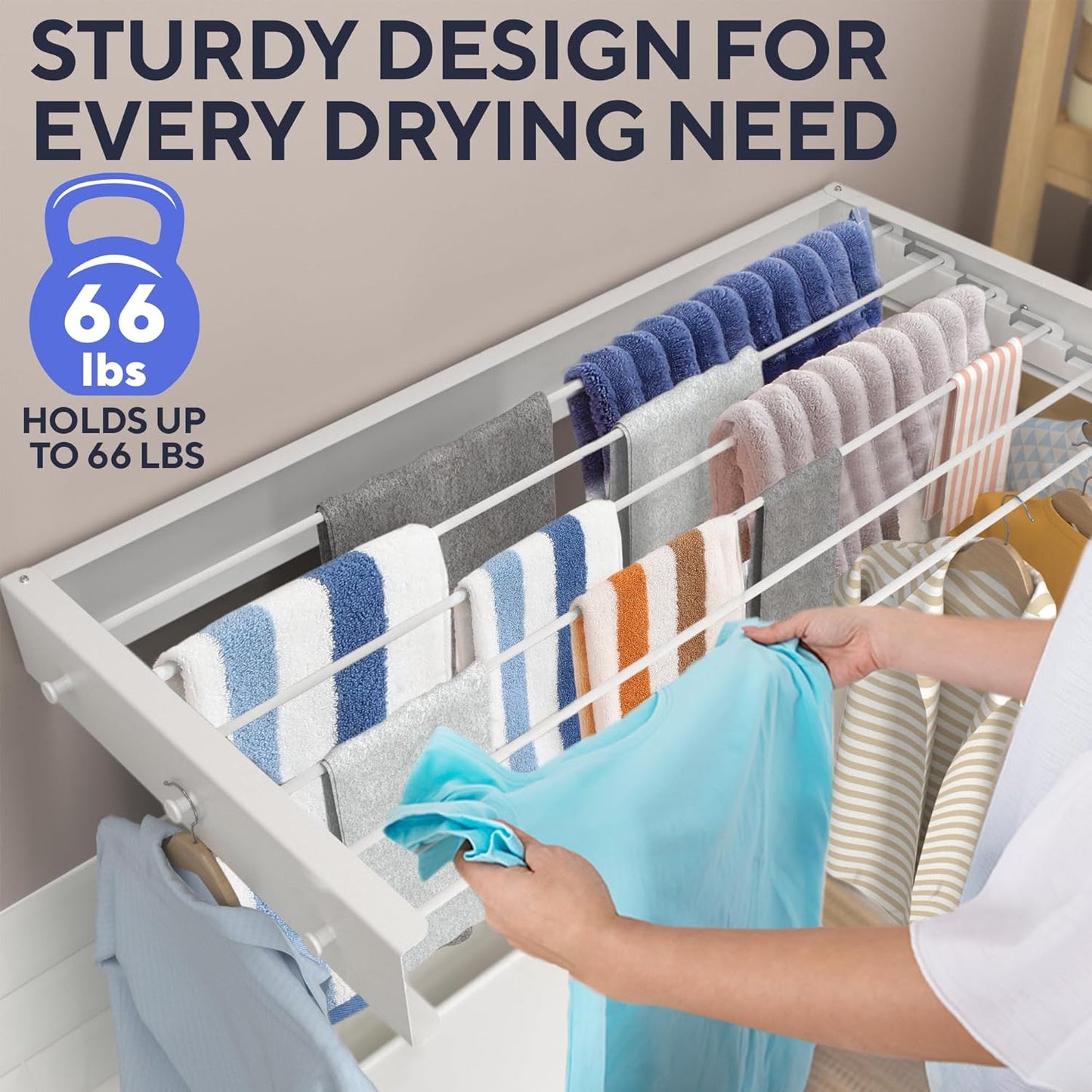 Foldable Wall Mounted Drying Rack 40 inch - Easy to Install Hanging Rack for Laundry Room - Space Saving Design with 66-lb Capacity - Perfect Drying Racks for Clothes Towels & More - NestledHome