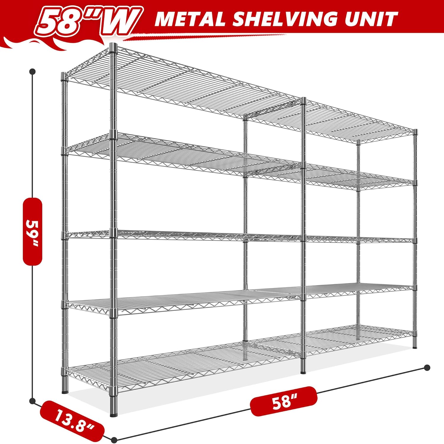 REIBII 58" W 5 Tier Heavy Duty Wire Shelving Unit with Adjustable Shelves - 1400LB Metal, Chrome - 58" W x 59" H x 13.8" D - Garage, Pantry, Kitchen - NestledHome
