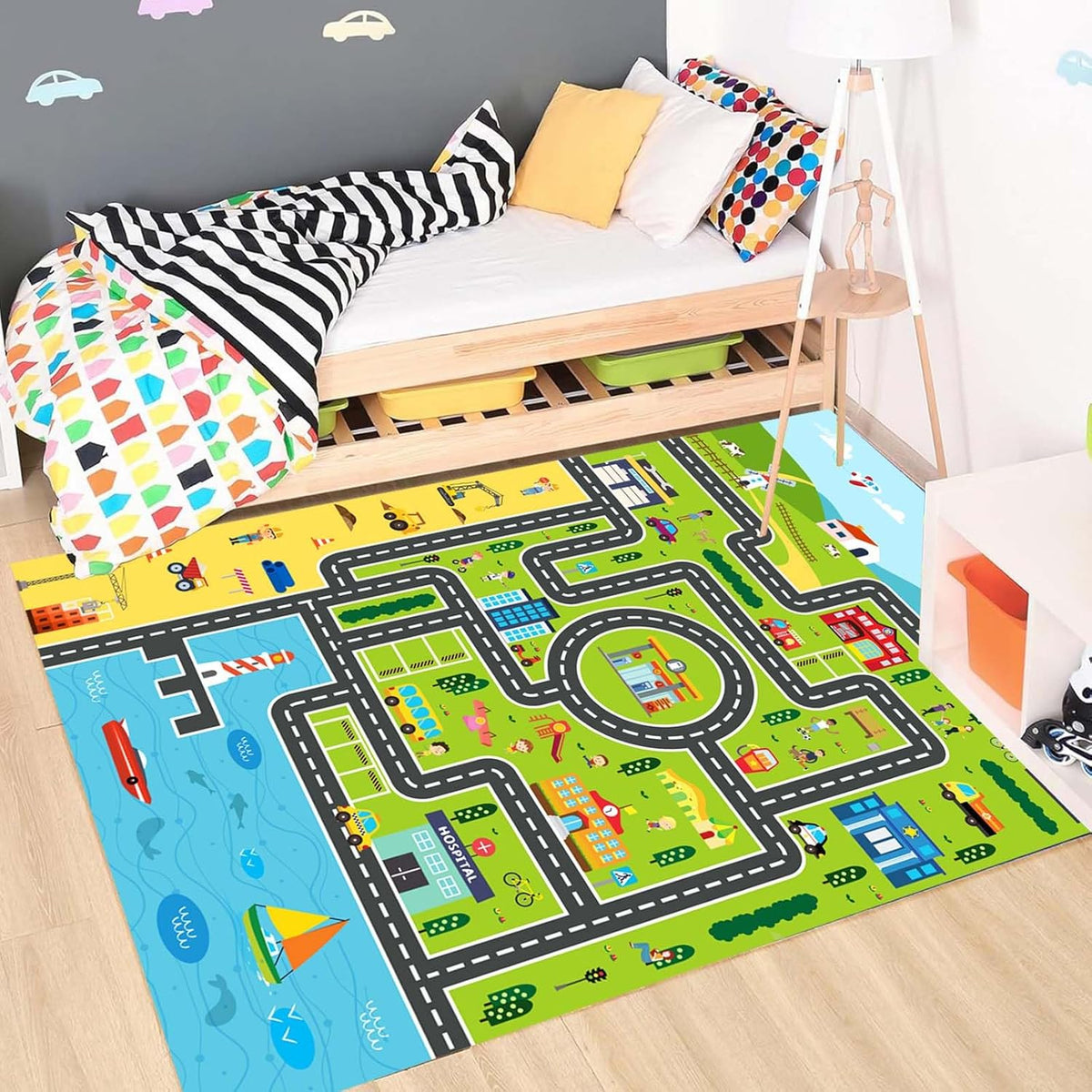 Kids Rug Playroom Car Rug Play Mat City Life Road Rugs Fun City Map for Kids Toy Cars Carpet for Bedroom Boys (Green-Rug, 6.6x9.8ft) - NestledHome