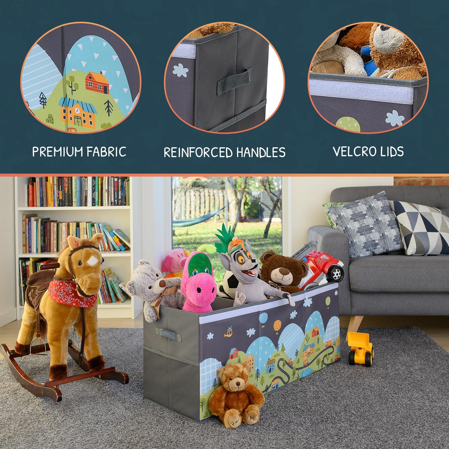 Extra Large Toy Storage Organizer with Lid - Sturdy, Collapsible Toy Chest Storage Box with Cute Design - Toys Bin with Dividers for Kids, Boys, Girls, Nursery, Bedroom, Play room 37"x16"x14" - NestledHome