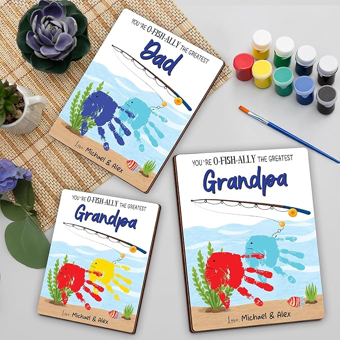 Personalized Handprint Fishing Wooden Sign Gift for Dad, Grandpa, DIY Baby Handprint Kit with Paints, Art Craft Family Keepsake, Father’s Day Birthday Gift for New Dad, Parents, Grandparents