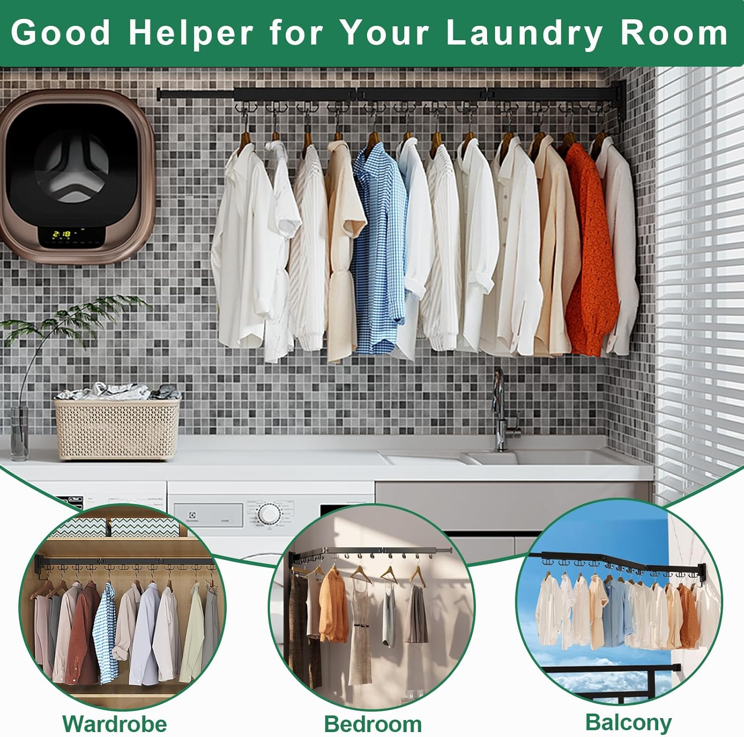 Wall Mount Clothes Drying Rack, Wall Mounted Drying Rack, Upgraded 3-Fold & Sturdy Laundry Drying Rack with 12 Dual-Side Hooks Space Saver for Laundry Room, Apartment, Dorms - Black - NestledHome