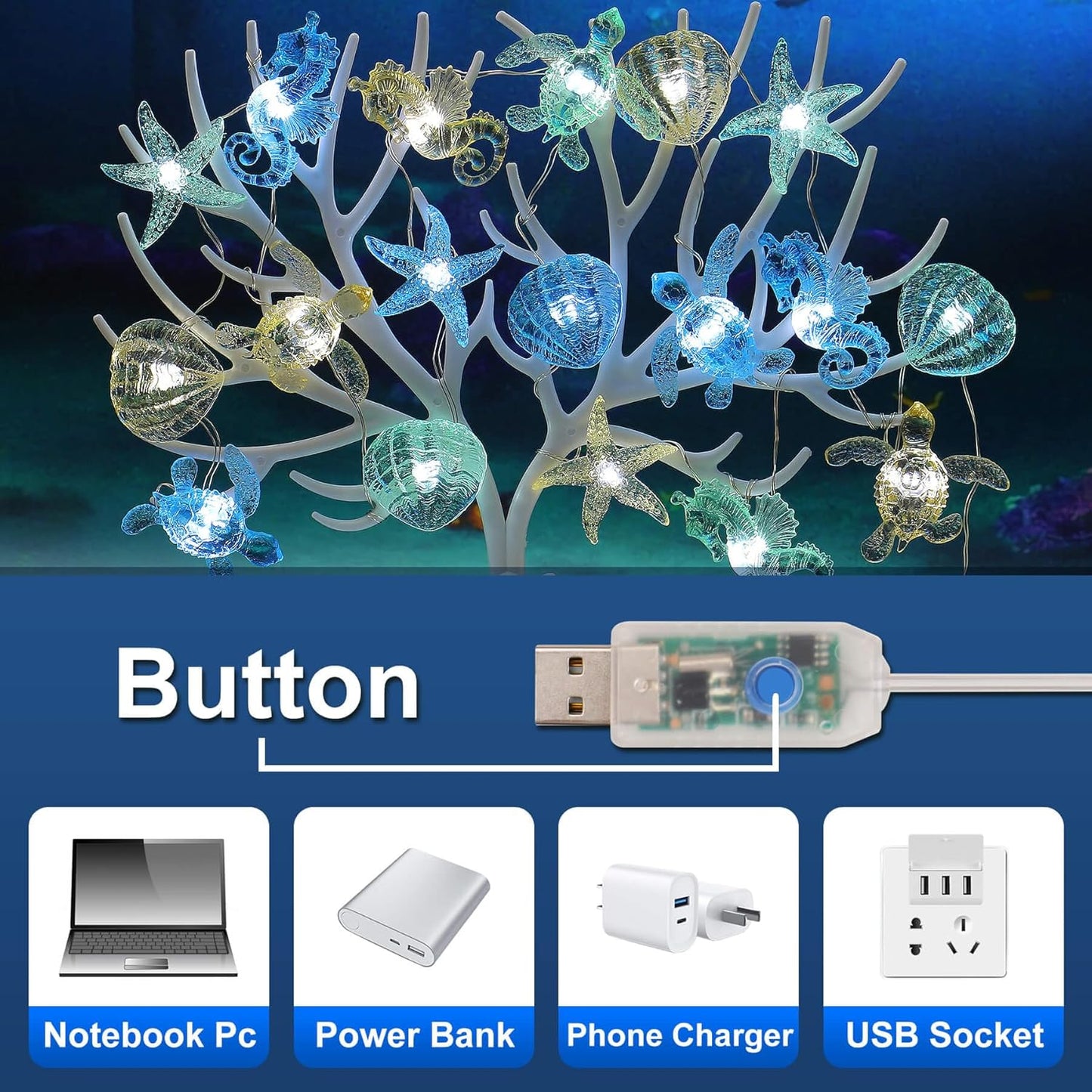 Ocean Theme String Lights Indoor Nautical Décor-USB or Battery Operated 10ft 30 LED Sea Horse Starfish Shell Décor- Twinkle Fairy Lights for Bedroom Patio Beach Wreath Christmas Decoration