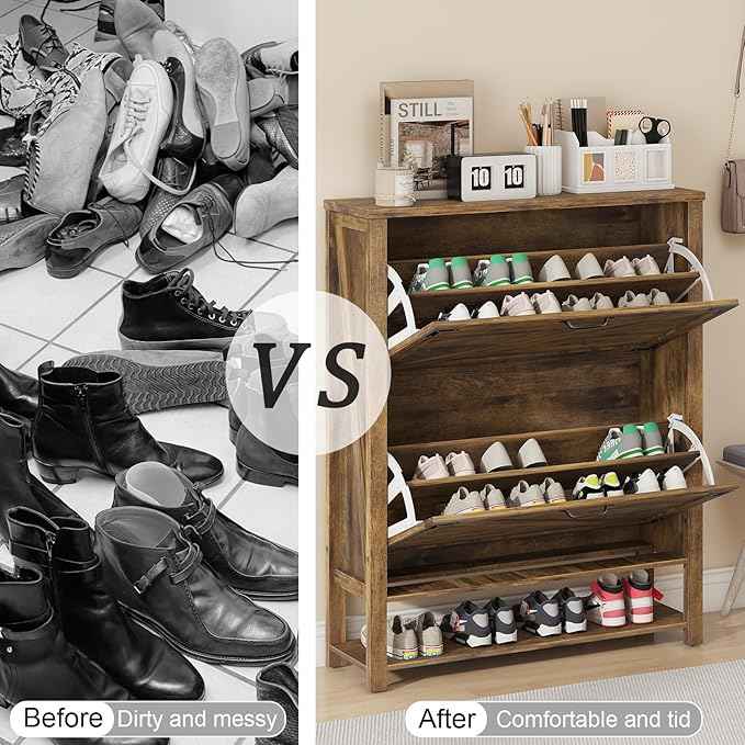 Vabches Shoe Storage Cabinet, Farmhouse Freestanding Organizer with 2 Flip Drawers, Wooden Hidden Narrow Slim Shoe Rack Cabinet for Entryway, Hallway, Foyer, Brown