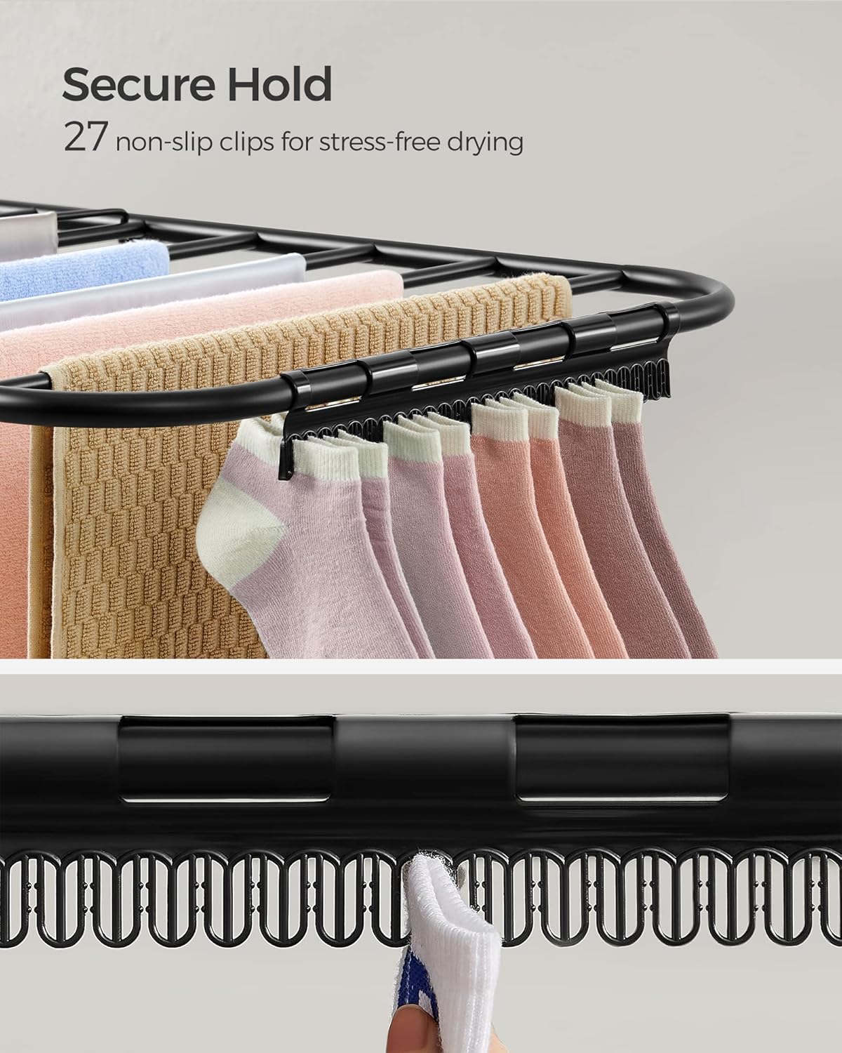 SONGMICS Clothes Drying Rack, with Sock Clips, Metal Laundry Rack, Foldable, Space-Saving, Free-Standing Airer, with 2 Height-Adjustable Gullwings, Indoor Outdoor Use, Black ULLR052B01 - NestledHome