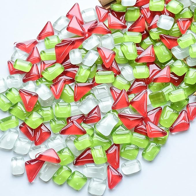 Mosaic Tiles for Crafts Assorted Color Glass Glitter Mosaic Supplies Pieces Bulk Square Square Triangle Rectangle Irregular Size, 200g (Green Red White Mix)
