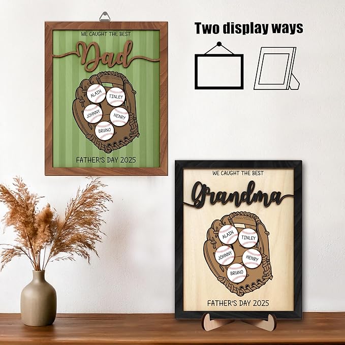Personalized We Caught the Best Dad Baseball, Gifts Fathers Day from Son, Art Craft Family Keepsake Wood Frame Birthday Softball Gift for Dad Grandpa Daddy Papa, Family Memories Sign with Kids Names