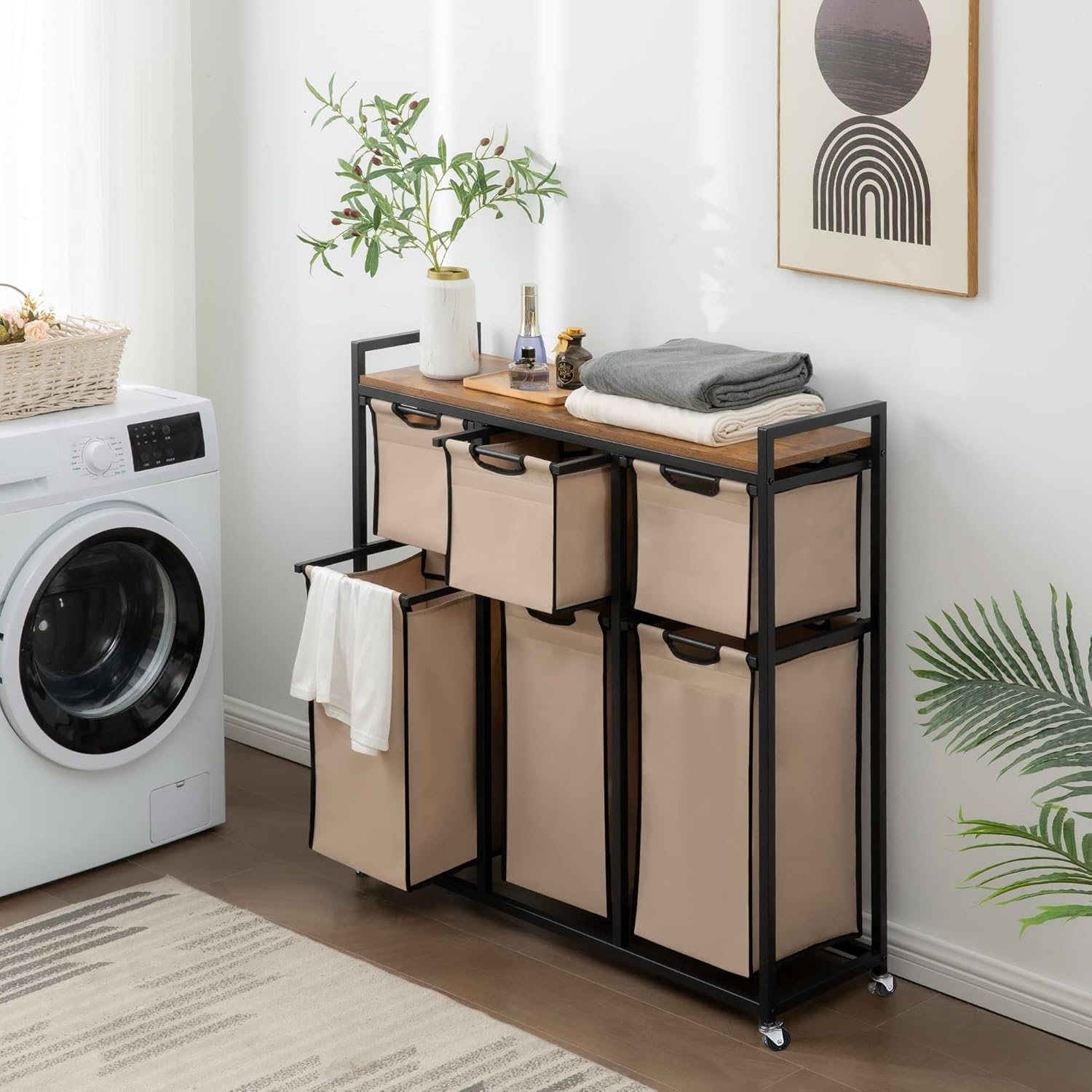Laundry Basket Organizer, Hampers for Laundry 6 Compartments, Laundry Hamper with 6 Sliding Laundry Sorter Bags, Top Storage Shelf, and Metal Frame (6 Compartments) - NestledHome