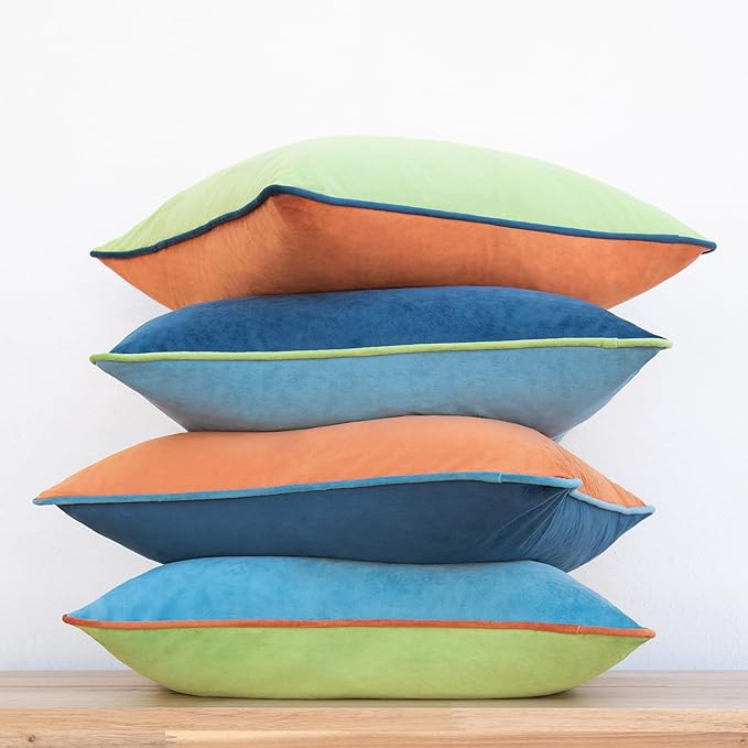 MONDAY MOOSE Decorative Throw Pillow Covers Cushion Cases, Set of 4 Soft Velvet Modern Double-Sided Designs, Mix and Match for Home Decor, Pillow Inserts Not Included (18x18 inch, Blue/Orange)