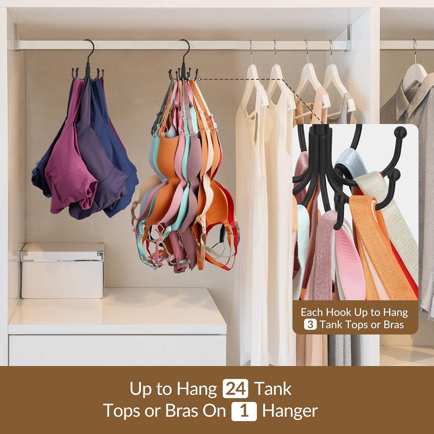 ZEDODIER Tank Top Hanger, Rotatable Bra Organzier for Closet, Max 24 Storage Capacity Sport Bra Holder, Metal Space Saving Closet Organizers and Storage, Black - NestledHome