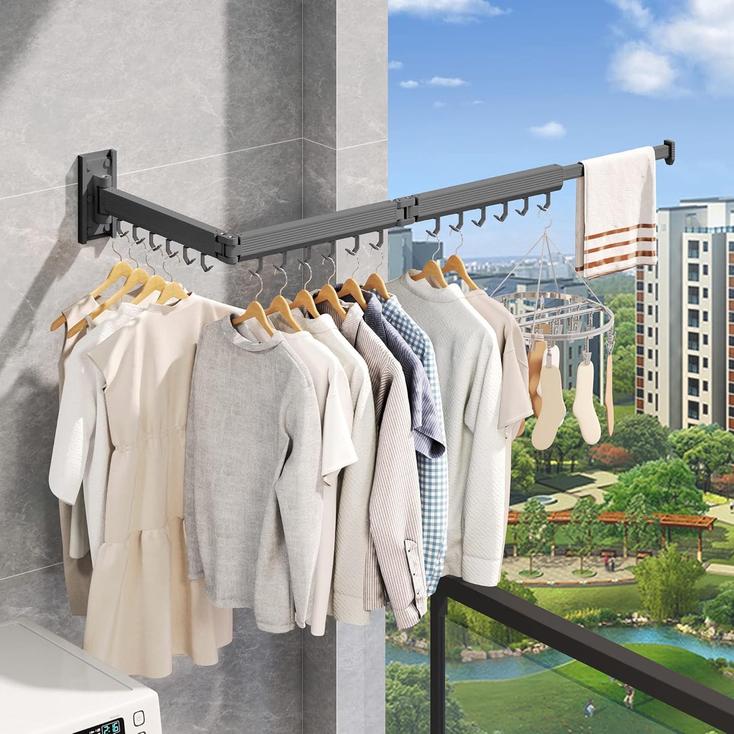 Wall Mounted Clothes Drying Rack,Laundry Drying Rack Wall Mount,Clothes Hanger,Drying Rack Clothing,Retractable Laundry Rack for Hanging Clothes,Collapsible,Foldable,Grey-Hooks - NestledHome