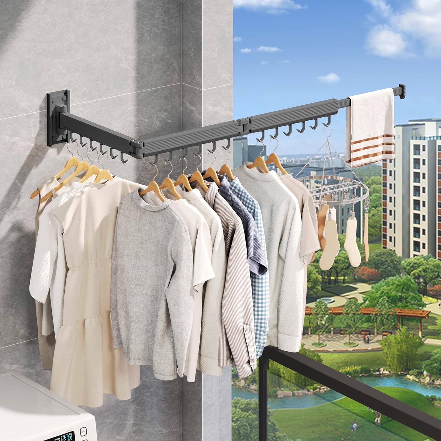 Wall Mounted Clothes Drying Rack,Laundry Drying Rack Wall Mount,Clothes Hanger,Drying Rack Clothing,Retractable Laundry Rack for Hanging Clothes,Collapsible,Foldable,Grey-Hooks - NestledHome