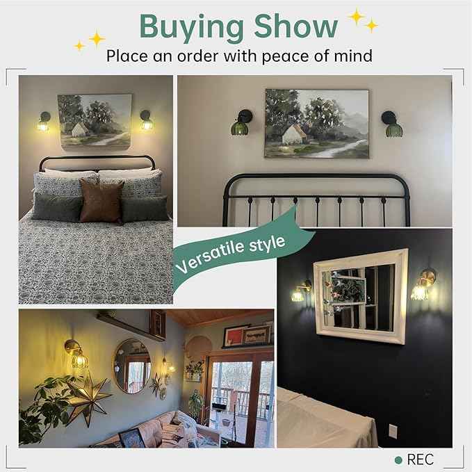 Vintage Wall Sconce with Green Tulip Glass Lampshade 180 Degree Adjustable Black Sconce Hradwired Modern Wall Lighting Fixture with Switch for Bedside Bedroom Doorway