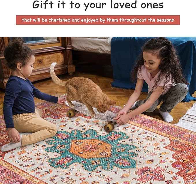 Moynesa Ultra-Thin Pink Area Rug - 9x12 Large Bedroom Rugs for Living Room Non-Slip Non-Shedding Dining Room Mat, Vintage Indoor Floor Carpet for Girls Nursery Playroom Office