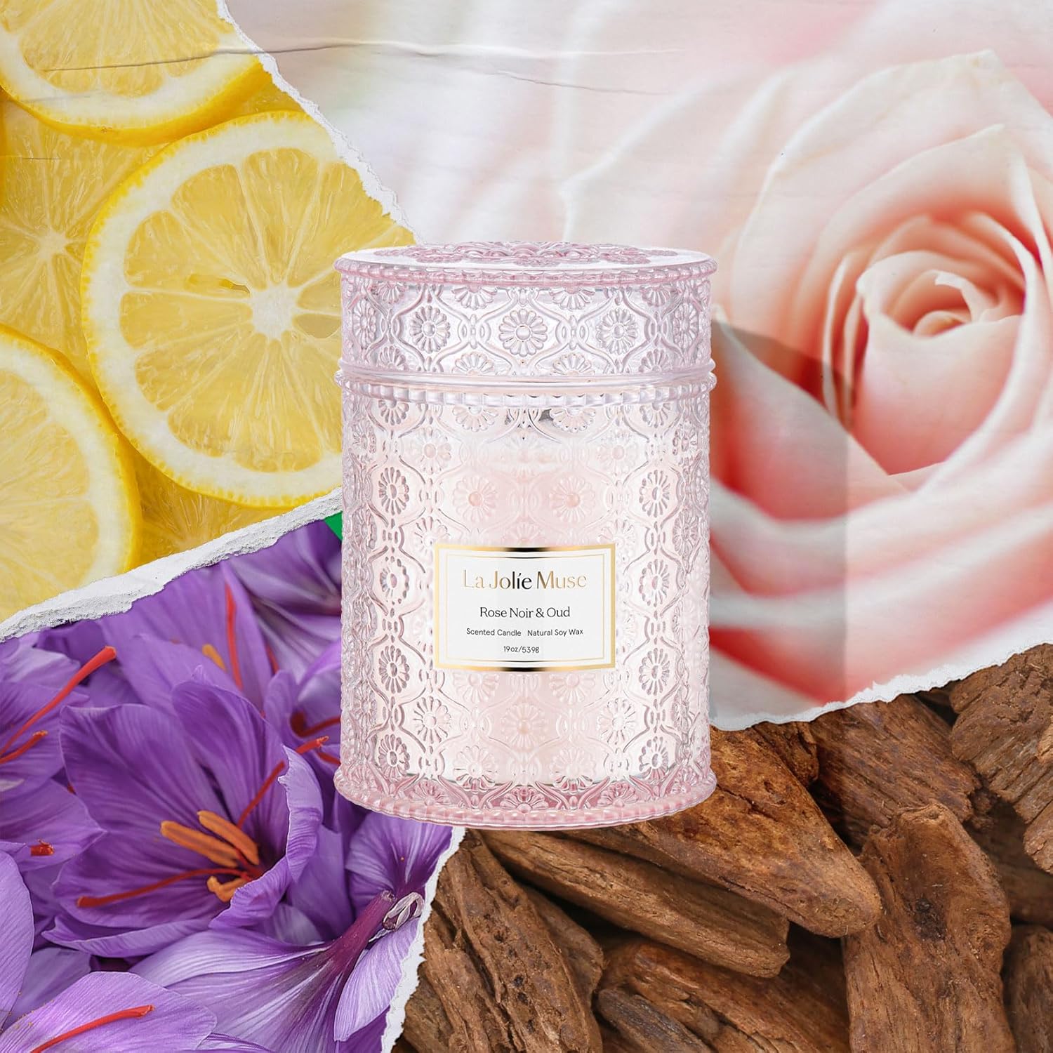 LA JOLIE MUSE Rose Noir & Oud Scented Candle – Lemon, Rose & Oud |19 oz Large Wooden Wick Candle | Natural Soy Wax | 90 Hours Clean Burn | Gift-Ready for Hosts & Gatherings | Elegant Home Décor - NestledHome