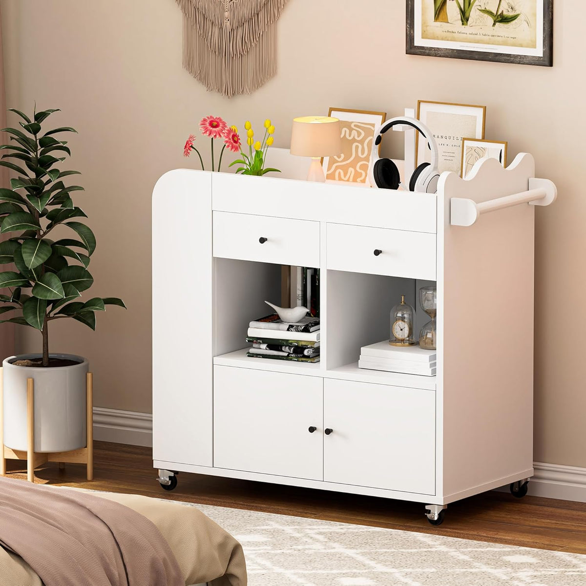 Baby Changing Table Dresser, 3 Drawers Nursery Dresser with 4 Open Cubbies, Rolling Chest of Drawers with Wheels, 43" W x 19.5" D x 40" H