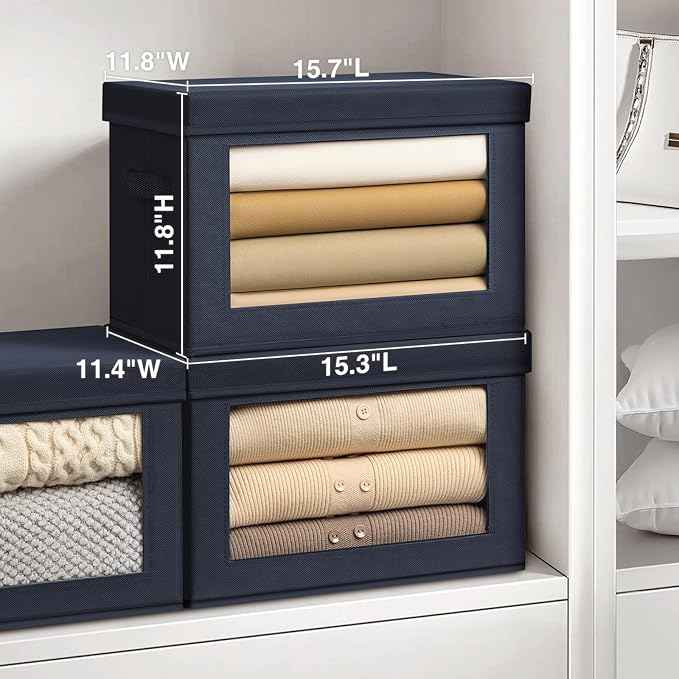 Stackable Storage Bins with Lids - Large Decorative Basket with Lids, Fabric Foldable Closet Organizer Bins, Shelf Organizer for Living Room, Dorm, 5 Pack, Navy Blue