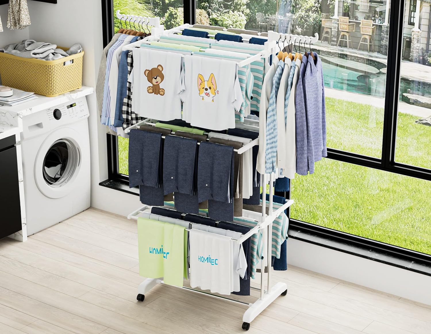 HOMIDEC Clothes Drying Rack, Large 4-Tier Foldable Drying Rack Clothing(67.7H x 19.7W x 30L Inches), Movable Drying Rack with 4 castors. Multifunctional Stainless Steel Laundry Drying Rack, White - NestledHome