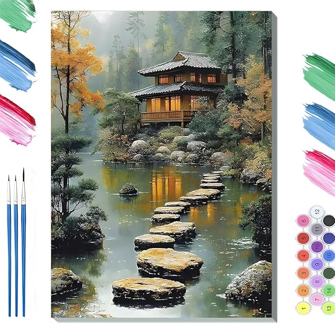 Paint by Numbers Kit for Adults Framed, Japanese Tea House with Stepping Stones, DIY Oil Painting, Pre-Printed Canvas Wall Art Home Decor Gift, 20x24inch Framed, 24 Colors