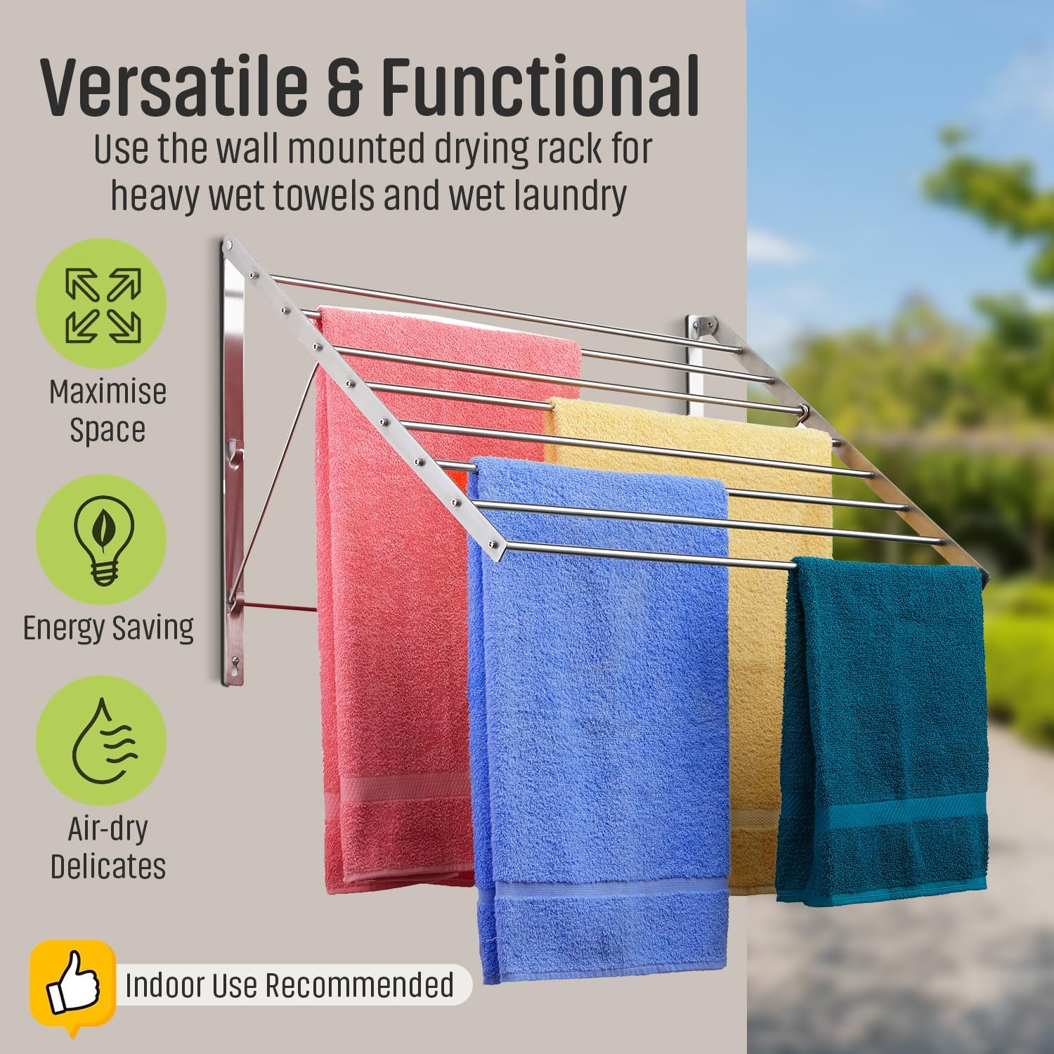 Smartsome | Wall Mounted | Clothes Drying Rack| 22" Wide |15 Linear Feet Capacity | 8 Smooth Round Stainless Steel Rods | 60 lb Capacity | Fully Assembled | Compact Sturdy Space-Saving Design - NestledHome