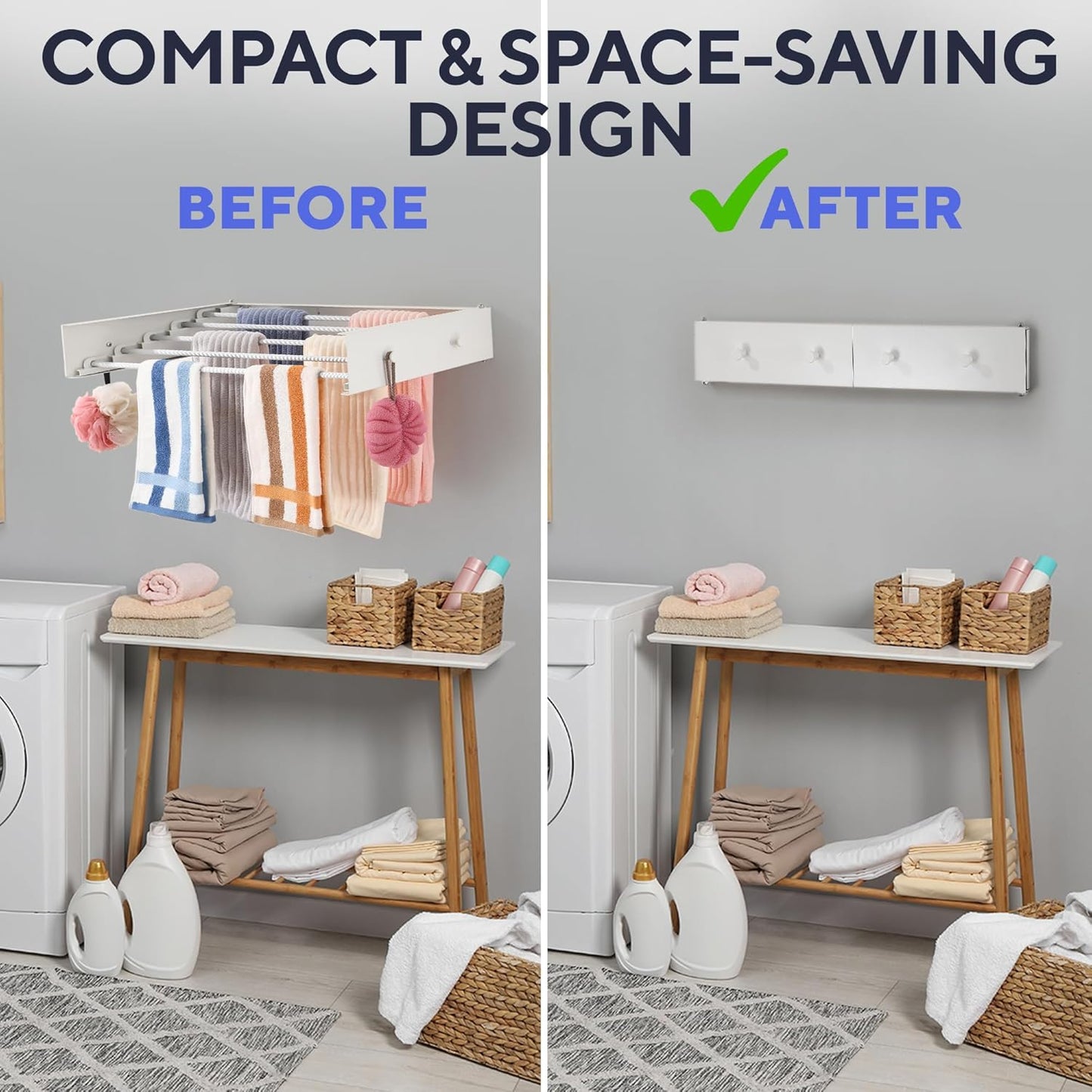 Foldable Wall Mounted Drying Rack 28 inch - Easy to Install Hanging Rack for Laundry Room - Space Saving Design with 55-lb Capacity - Perfect Drying Racks for Clothes Towels & More - NestledHome