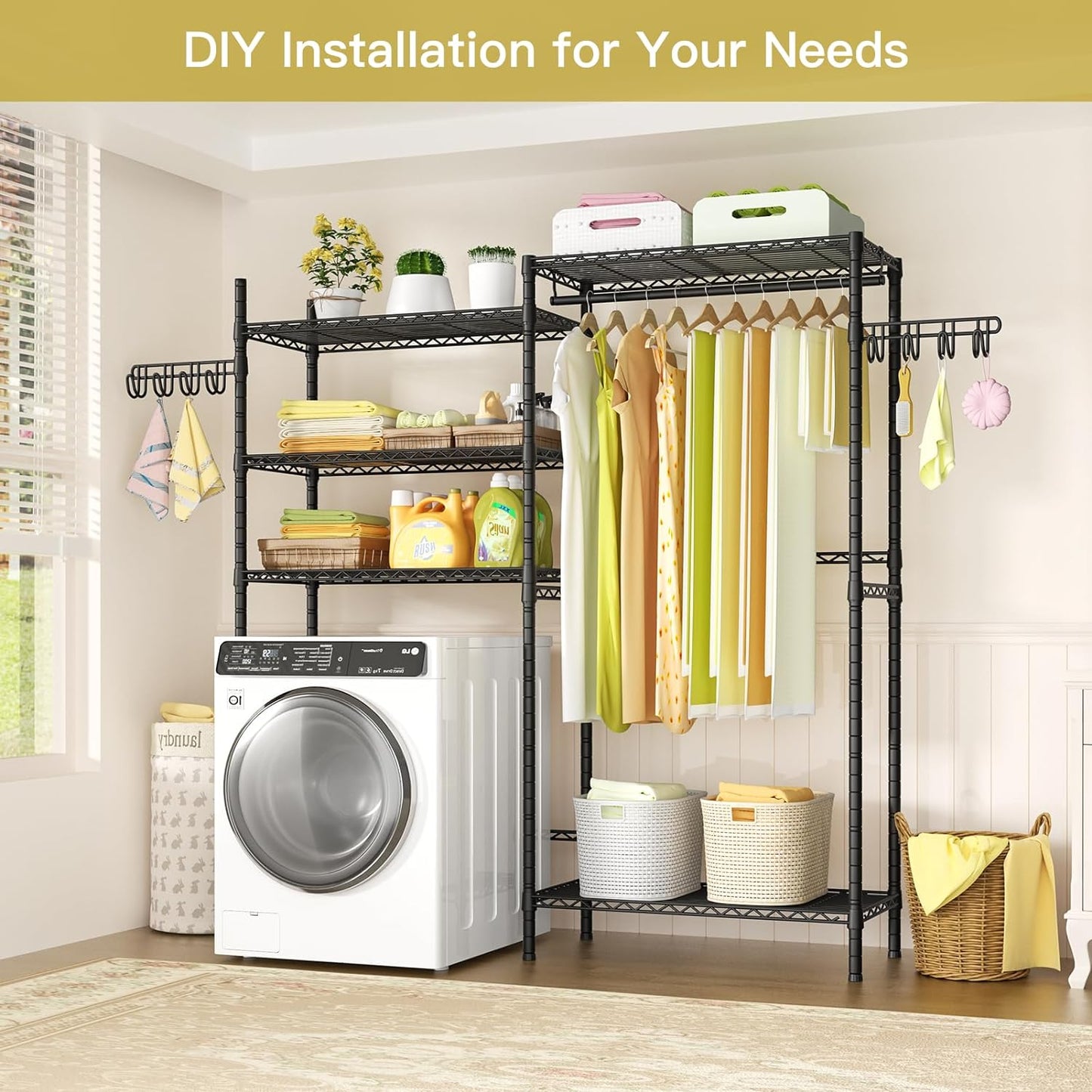 Ulif U5 Over the Washer and Dryer Storage Shelf, Laundry Room Space Saver Bathroom Storage and Organizer Rack for Hanging Towels and Drying Clothes with 5 Wire Shelves, 58.2"W x 13.4"D x 77.5"H, Black - NestledHome