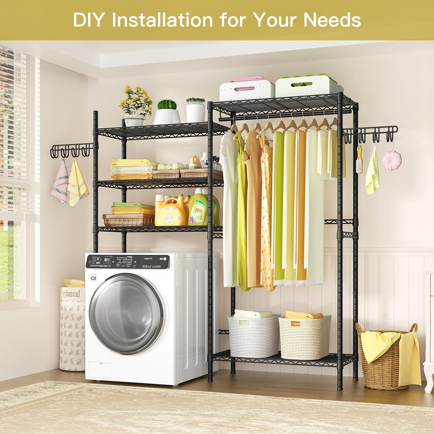 Ulif 65.3" W x 13.4" D x 77.5" H Clothes Drying Rack, 5 Tiers Over Washer and Dryer Laundry Room Storage and Organizer, Heavy-Duty Space Saver, Black - NestledHome