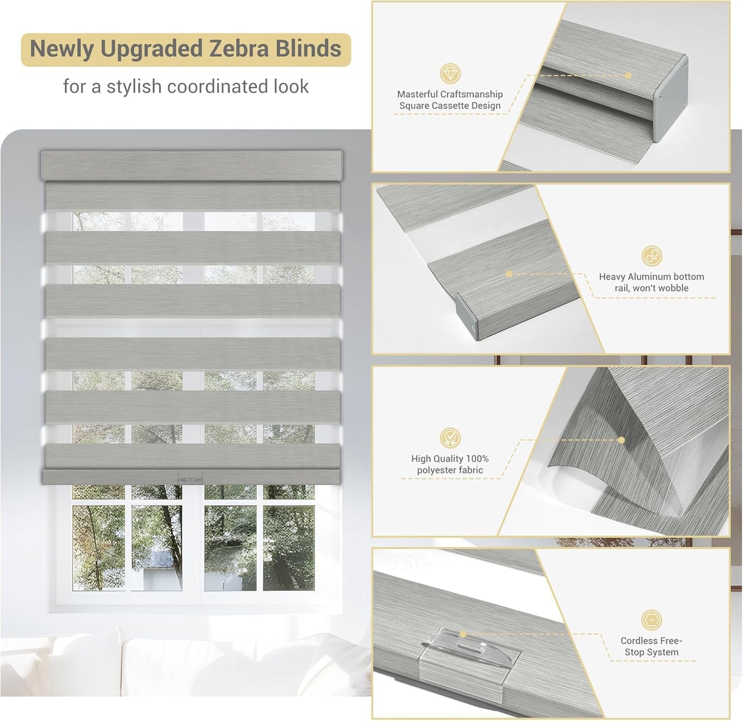 Cordless Zebra Blinds for Windows, Blackout Interior Blinds,Easy to Install,UV Protection,for Offices and Home,Custom Roller Shades, Mousse Light Grey,13" W x 88" H