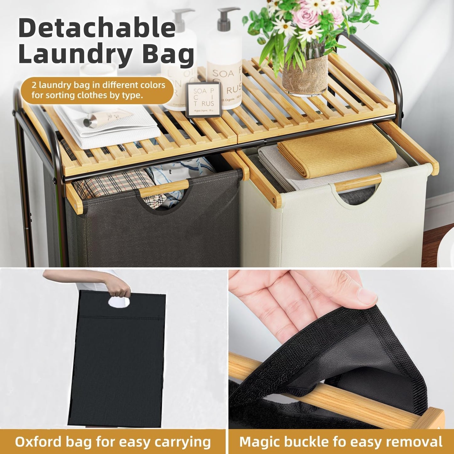 Laundry Hampers 2 Section, Laundry Sorter with Removable Shelf and Pull-Out Bags, Clothes Hampers with Wheels Rolling Cart Basket for Laundry Room Bathroom, 2 x 50 L (Black White) - NestledHome