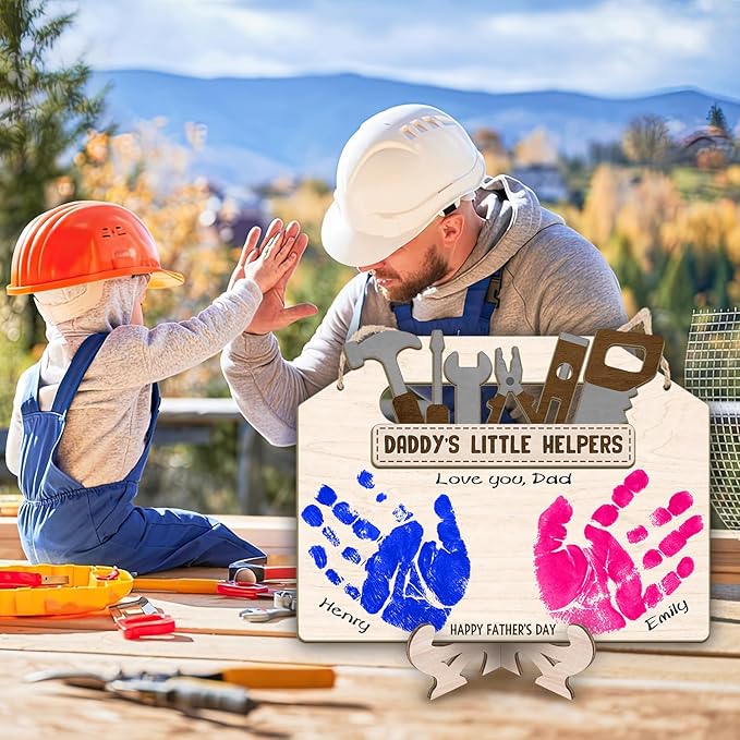 DIY Daddy's Little Helpers Tool Box Craft Plaque Baby Handprint Gifts for Mechanic Dad, First Fathers Day Art Craft Sign for Mechanic Papa, Daddy's Toolbox Tool Set Craft with Kids Handprint Keepsake