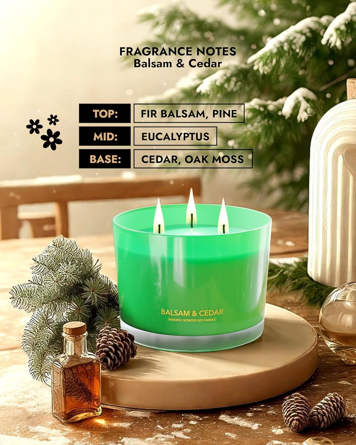 96NORTH Luxury Candle Balsam & Cedar Scented | Large 3-Wick Jar Candle | Up to 40 Hours Burning Time | 100% Natural Soy Wax | Ideal Christmas Candles Gift - NestledHome