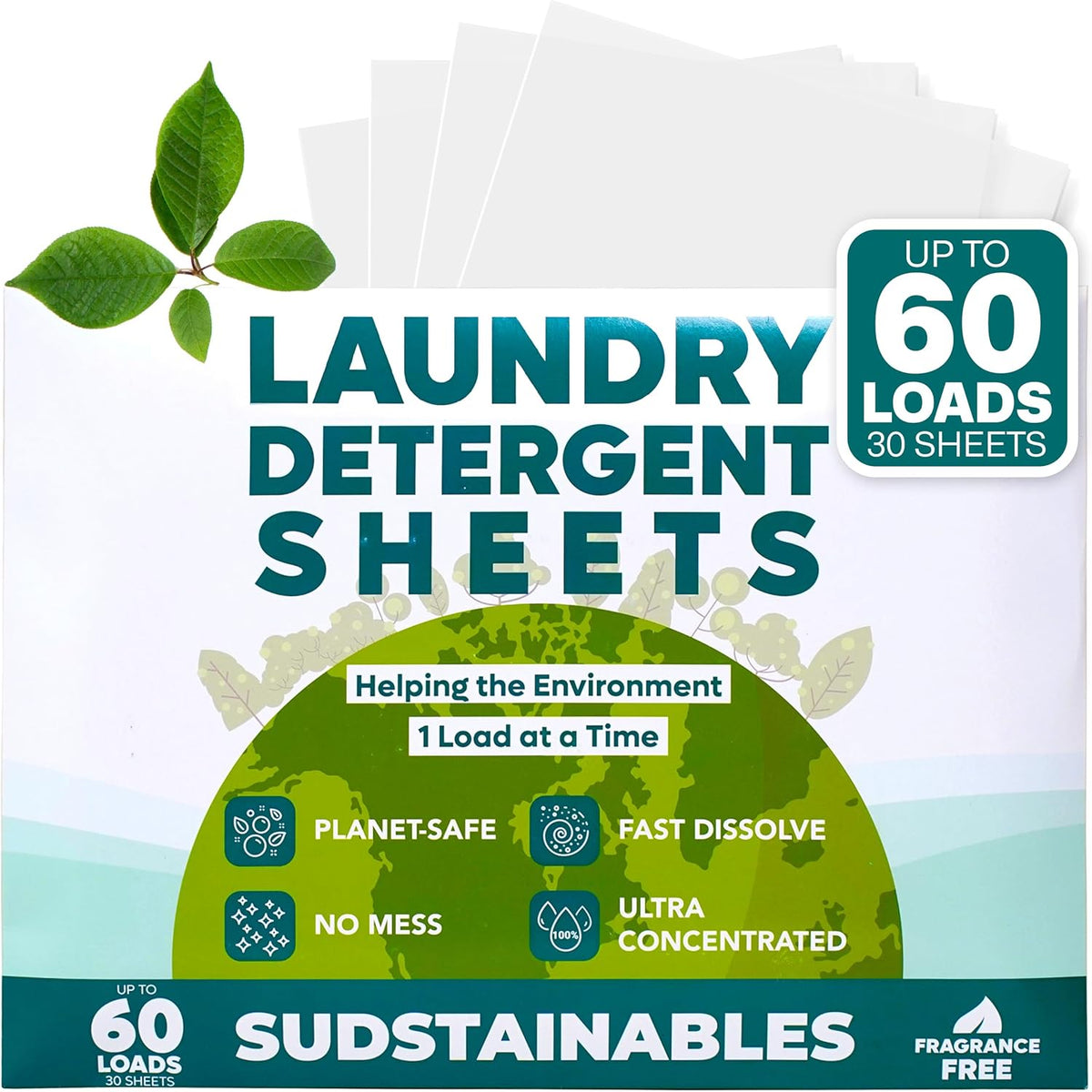 Sudstainables Laundry Detergent Sheets (60 Loads) – Eco-Friendly, Zero Waste, Plastic-Free Laundry Washing Machines Soap Sheets; Dissolvable, Space-Saving Strips for Travel (Unscented) - NestledHome